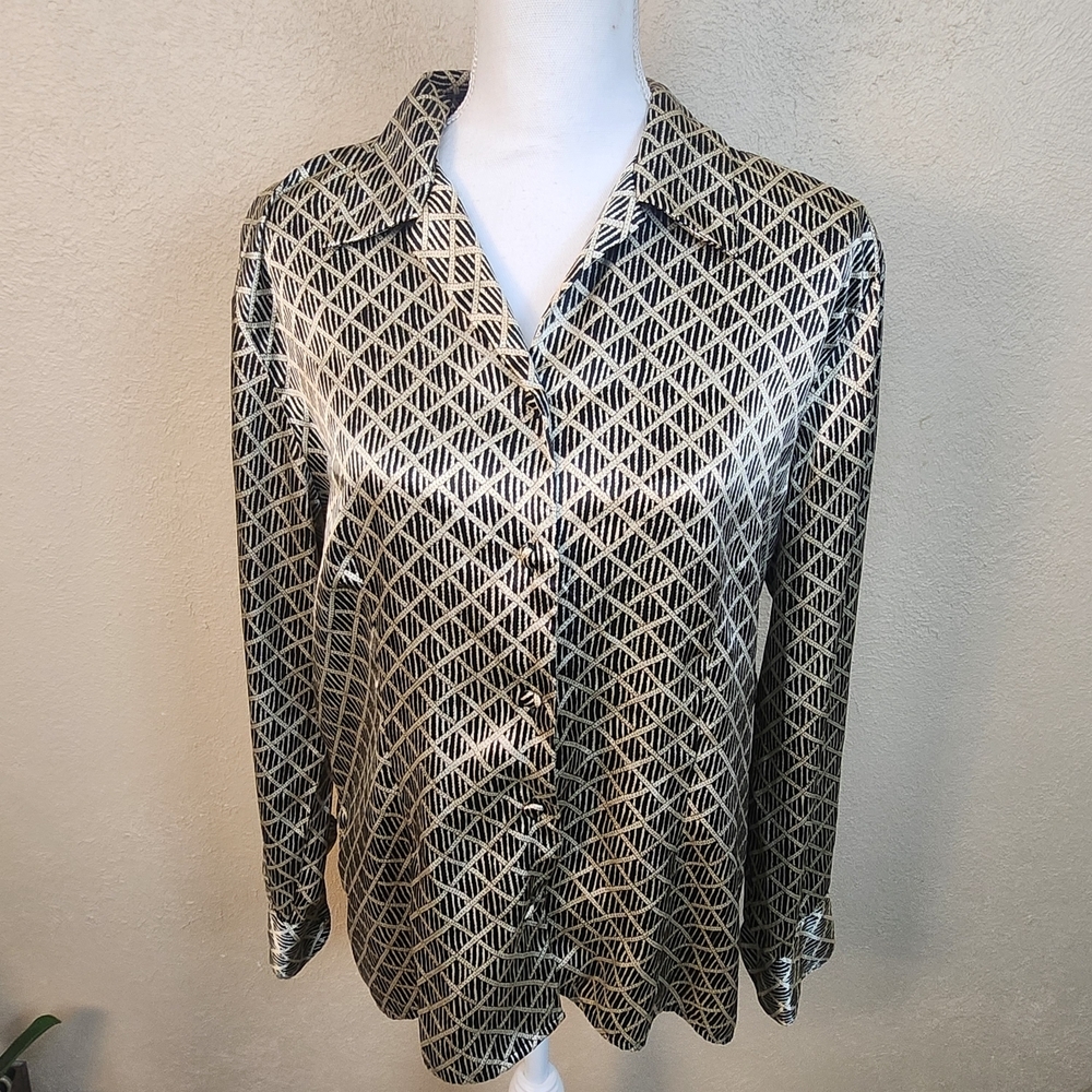 Tess Vintage Diamond Pattern Black and Gold Metallic Blouse 12 (5883)